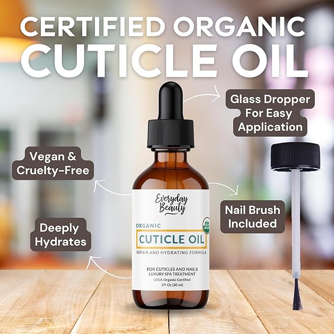 Organic Cuticle & Nail Oil - Repair, Revitalize & Hydrate Cuticles and Nails - Organic Spa Treatment - For Stronger Healthier Nails and Cuticles - 1 Fl Oz Glass Bottle with Nail Brush and Dropper