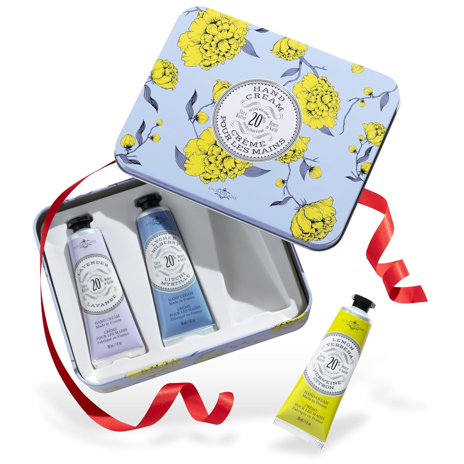 La Chatelaine French Hand Cream Trio Tin, Holiday Gift Set, Hand Lotion for Women, Made in France with 20% Organic Shea Butter (Lavender, Lychee Bilberry & Lemon Verbena or Citrus Fizz) 3 x 1 fl oz