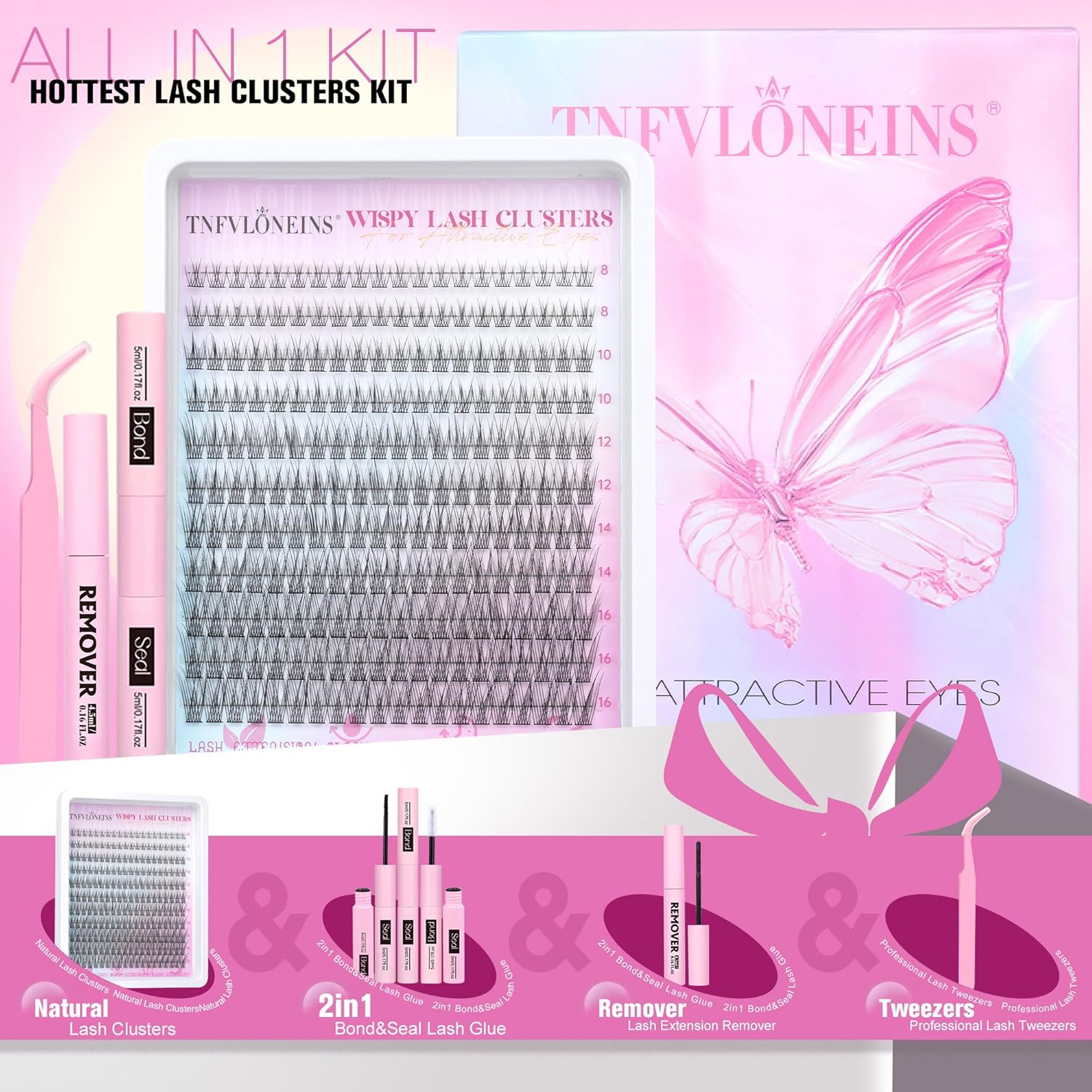 TNFVLONEINS Wispy Lash Clusters Kit 220Pcs Eyelash Extension Kit Natural Lash Extension Kit CC Volume Eyelash Clusters Short Individual Lashes Clusters 3D Eyelash Clusters Kit with Remover