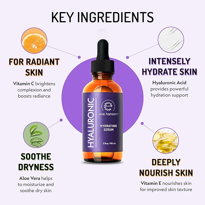 Eve Hansen Hyaluronic Acid Serum for Face | Hydrating Serum with Vitamin C & E | Anti-Aging Facial Moisturizer for Plumping & Wrinkle Care | Vegan & Cruelty-Free | 2 oz