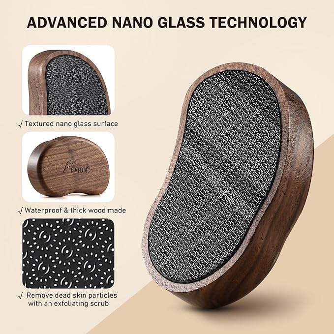 FVION Nano Glass Foot File with Bamboo Handle - Foot Scrubber Dead Skin Pumice Stone for Feet - The Ultimate Gentle Pedicure File Feet Callus Remover (Brown)