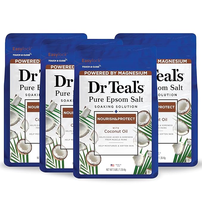 Dr Teal's Pure Epsom Salt, Nourish & Protect with Coconut Oil, 3 lbs (Pack of 4)