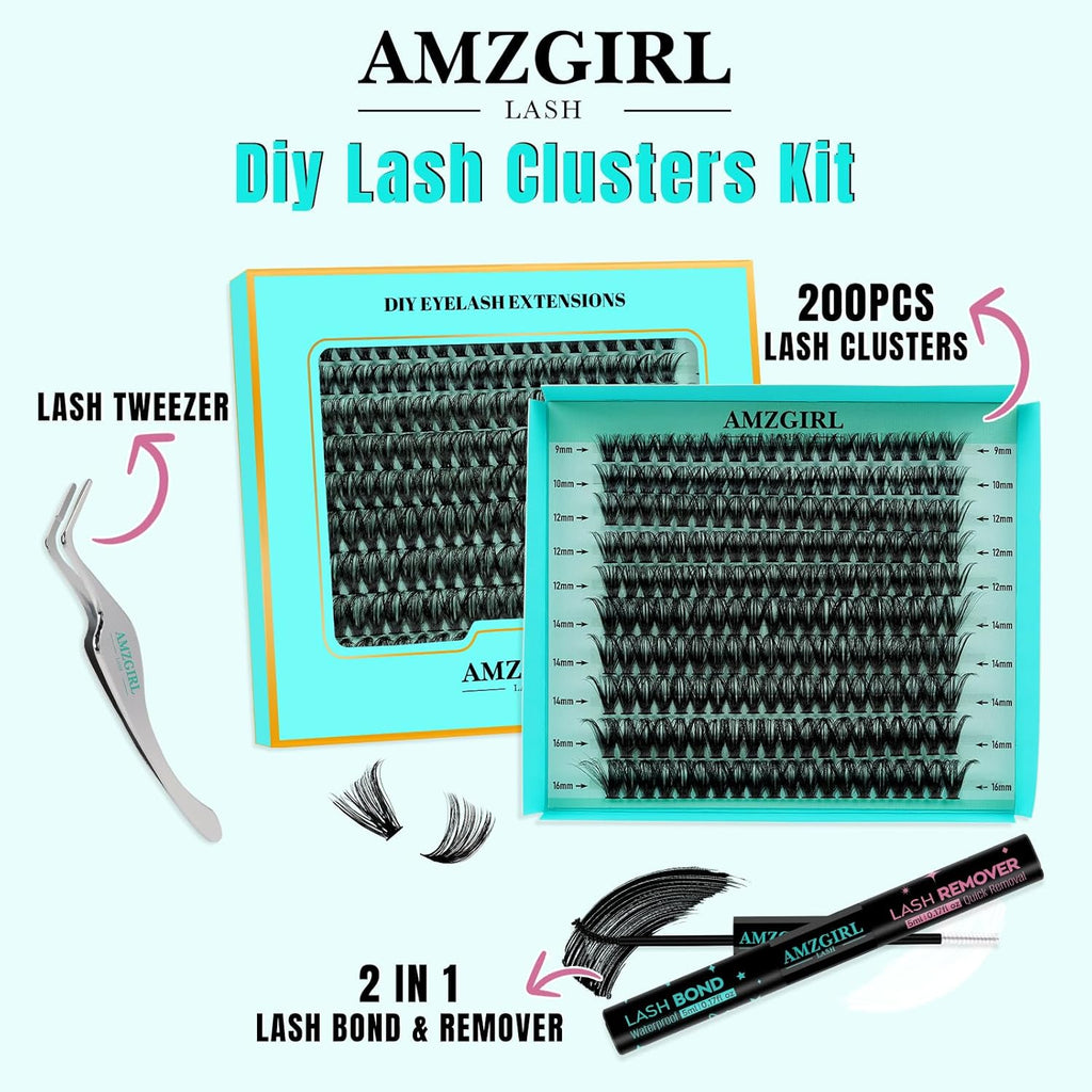 Lash Extension Kit 200PCS Lash Clusters Mix Eyelash Extension Kit with Waterproof Lash Bond and Remover,Individual Lashes with Lash Tweezers for Beginners at Home(60D,D-Mix9-16mm)