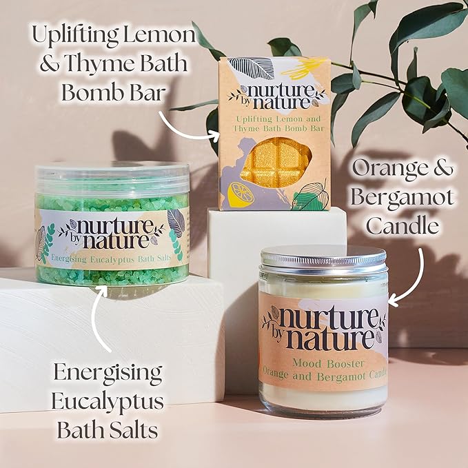 Nurture by Nature RELAX & UPLIFT Spa Kit – Mothers Day Gifts – Spa Gift Baskets for Women, Self-Care Gifts, Complete Bath Sets for Women Gift - Bath Salts, Bath Bombs & Candle, Relaxation Gifts