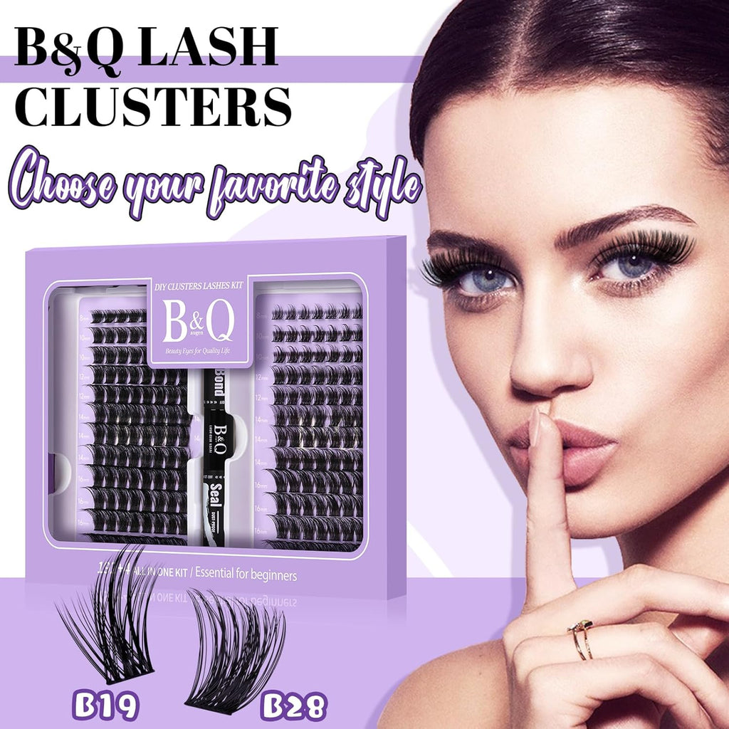 B&Q Lash Extension Kit 192 pcs Eyelash Extension Kit B19+B28 8-18mm Mixed Lash Clusters Kit Individual Lashes Kit Wispy with Lash Glue and Remover Applications Eyelash Kit (B19+B28, Kit)