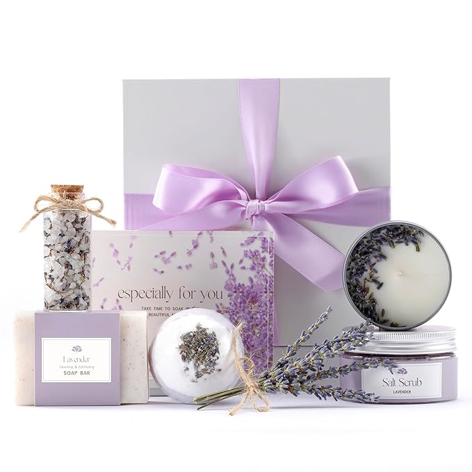 Lavender Spa Gift Set for Moms & Teachers – Gift Basket for Her - Thoughtful Gifts for Mother’s Day - Teacher Appreciation Gifts - Spa-Inspired at Home - Self-Care Essentials