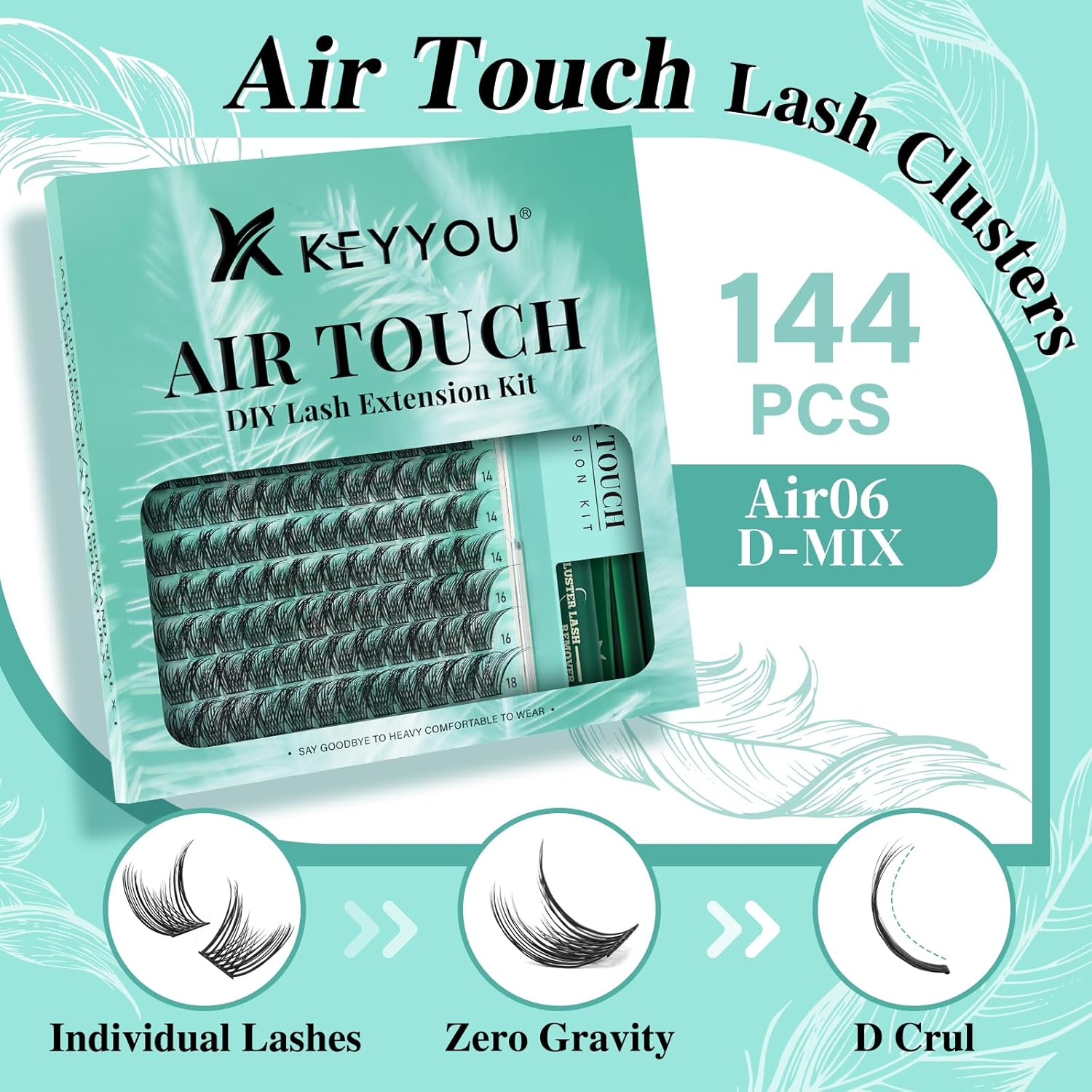 KEYYOU Lash Extension Kit 144pcs Air Touch Lash Clusters with Bond and Seal Lash Applicator Remover D Curl DIY Eyelash Extension Kit Easy to Apply at Home(Air06Kit-D-8-18Mix)