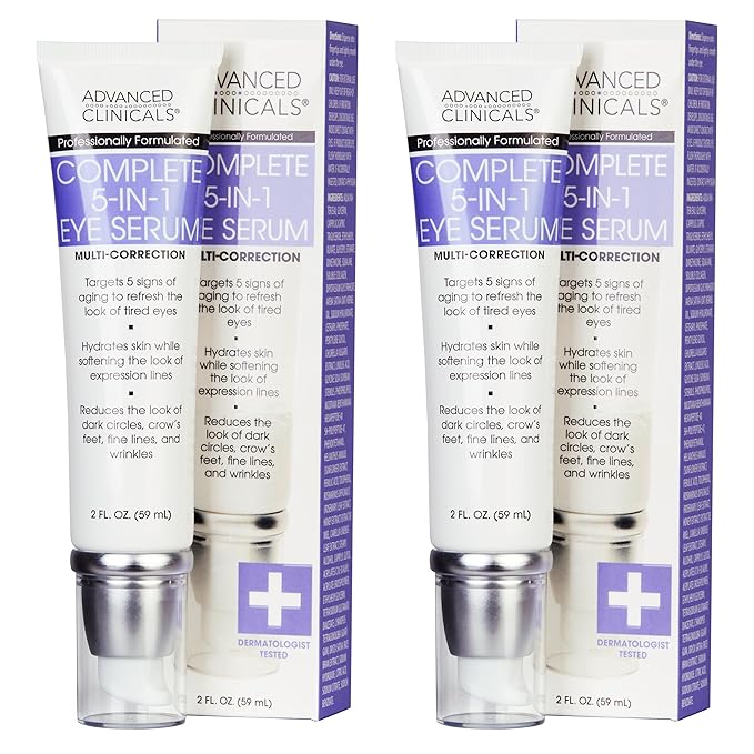 Advanced Clinicals 5-in-1 Eye Serum | Multi-Benefit Visible Anti Aging Under Eye Serum Face Moisturizer Reduces Appearance Of Dark Circles, Puffy Eyes, Crows Feet, Wrinkles, & Fine Lines, 2-Pack