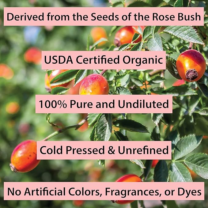 Rosehip Oil for Face - Unrefined & Cold Pressed Essential Oil from the Seed - Nourishing for Skin & Hair - USDA Certified Organic & 100% Pure - 1 Oz