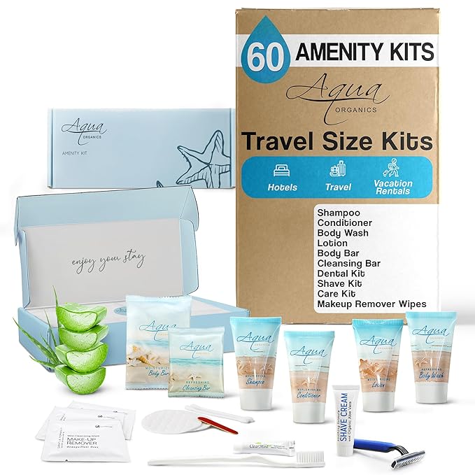 Aqua Organics Amenity & Accessory Kit | 1 oz Shampoo, Conditioner, Lotion, Body Wash, Body Bar, Cleansing Bar, Shave & Dental Sets, Make-Up Wipes, Vanity Kit | 60 Sets
