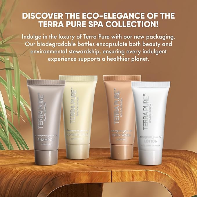 Terra Pure Spa Collection Bulk Set Toiletries | 1-Shoppe Amenities Kit for Hotels & Vacation Rentals | 0.85 oz Shampoo, Conditioner, Body Wash & Lotion | 80 Pieces