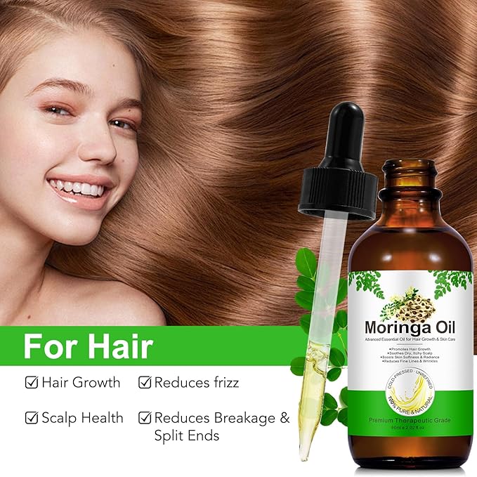 Premium Organic Moringa Oil Cold Pressed,Moringa Oil Unrefined for Hair & Skin Lightweight Face Oil, Natural Moisturizer in Glass Bottle 60ml