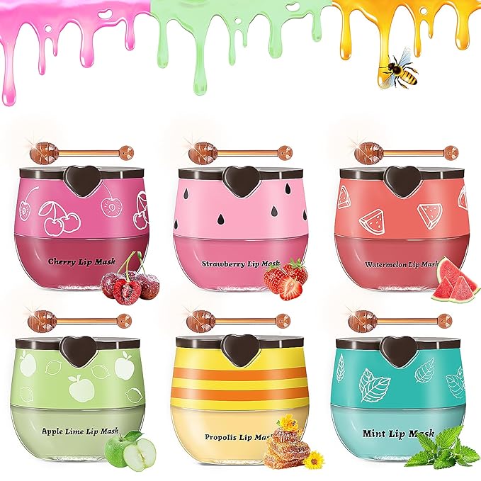 Bee Lip Balm Honey Pot, 6pcs Propolis Lip Mask Overnight Moisturizing Fruity Lip Balm with Stick, Hydrating Prevention Dry and Cracked Lip Scrubs Exfoliator Lip Care, Sleeping Lip Mask Hydrating (A#)