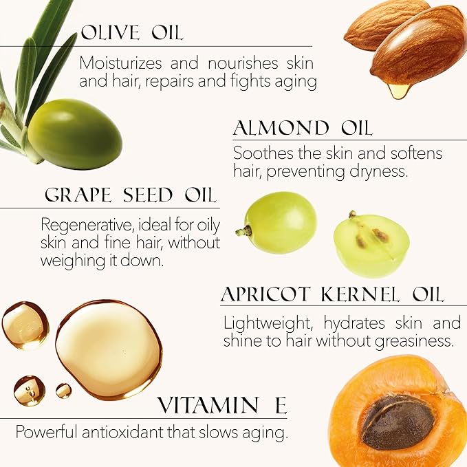 Natural Multipurpose Oil, Hydrating After-Shower Oil & Face Moisturizer, Nail Care with Apricot, Sweet Almond, Olive, and Vitamin E Oils, Skincare for Dry Skin
