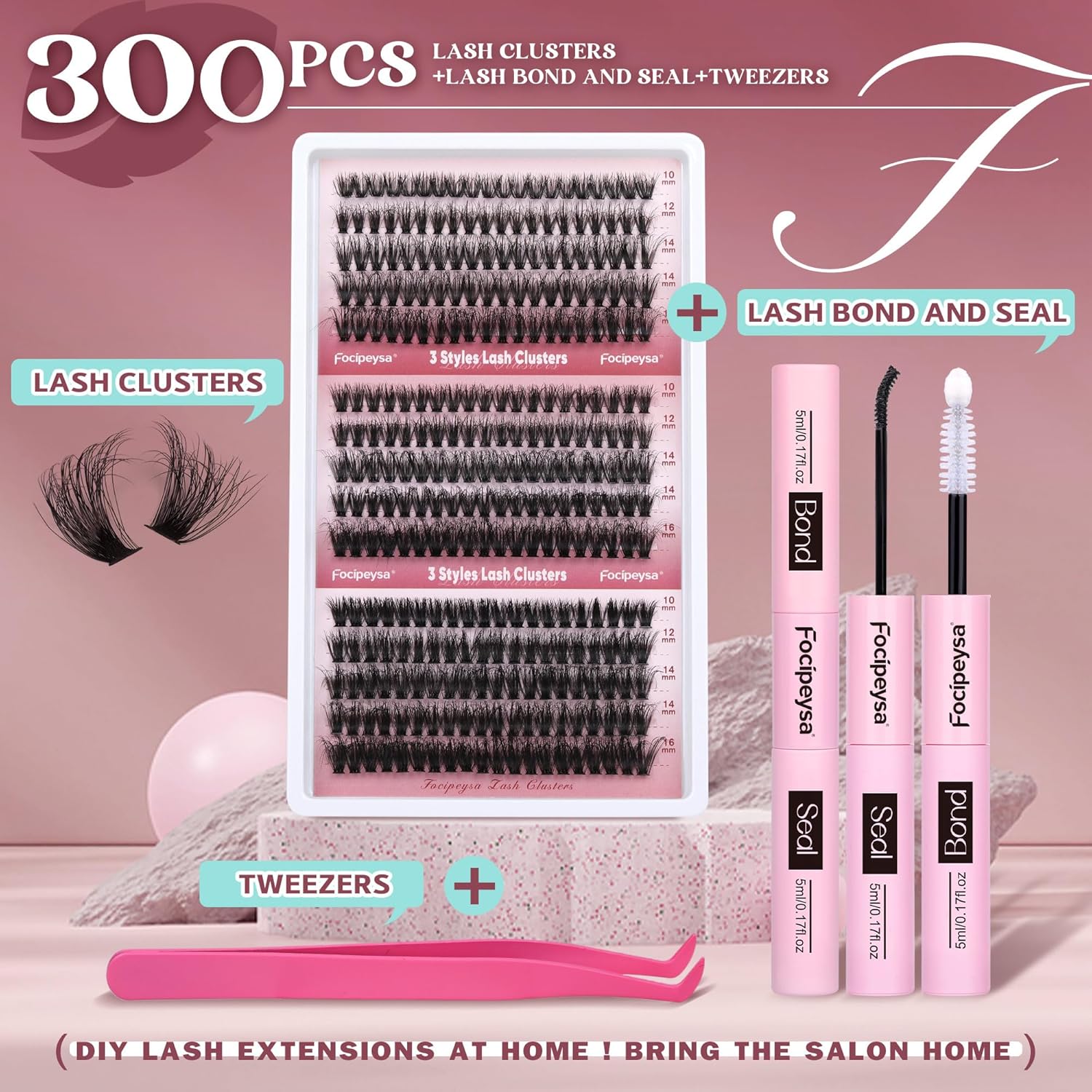 Focipeysa Lash Extension Kit 300pcs Lash Clusters Volume Eyelash Extension 60D 70D 80D Eyelash Clusters 9-16mm DIY Lash Extensions Kit with Waterproof Lash Bond and Seal and Lash Tweezers