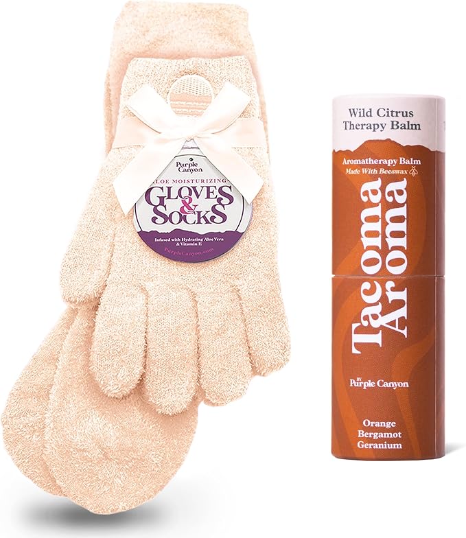 Purple Canyon Moisturizing Socks & Gloves and Heel Balm Foot Care Kit | Peach Socks and Gloves Infused with Aloe Vera and Vitamin E | Cracked Heel Treatment for Self Care