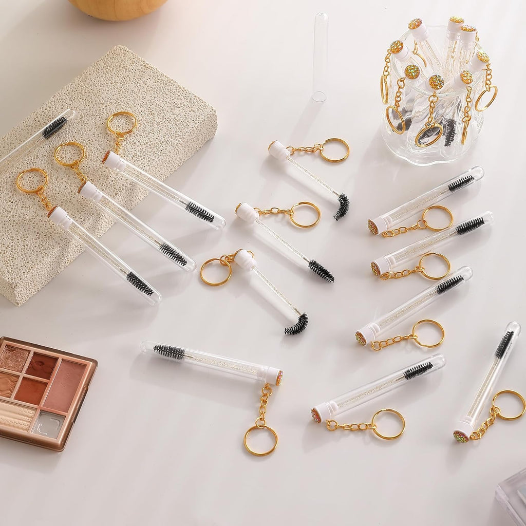 Upgrade 48 Pieces Disposable Mascara Wands Set, Include 24 Pcs Crystal Lash Spoolies Brush and 24 Pcs Reusable Keychain Empty Eyelash Brush Tubes (Gold)