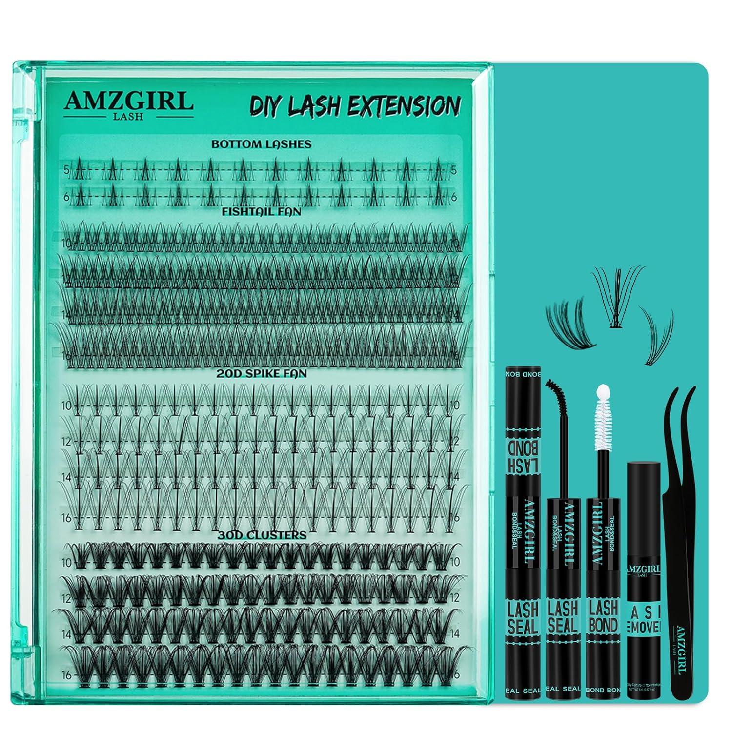 Lash Clusters Kit Individual Lash Extensions DIY Multi-Type Faux Bottom Lashes, Light Volume, 20D Spike, 30D Clusters Natural Eyelashes with Bond & Seal Remover Applicator(D-Mix5-16mm kit)