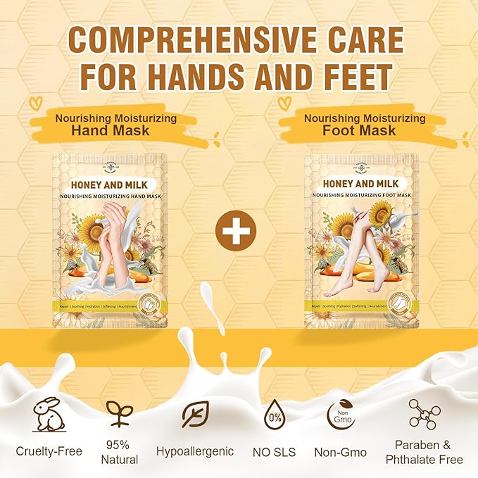 Hydrating Hand and Foot Mask, 3 Foot & 3 Hand Mask, Hand and Foot Care After Pedicure, Moisturizing Socks for Dry, Cracked Heel, Foot Spa, Honey & Milk, Vitamin E