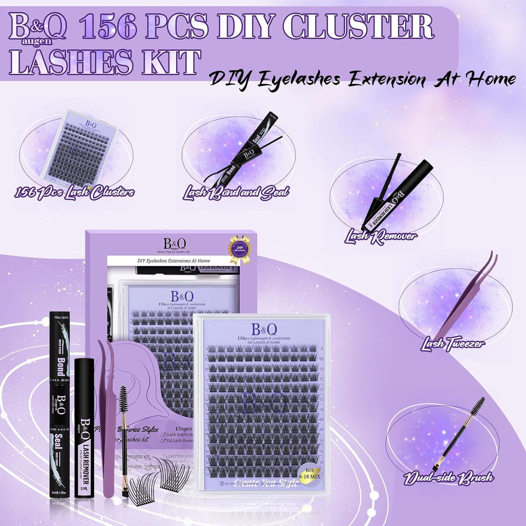 Lash Extension Kit B01 Eyelash Extension Kit B&Qaugen DIY Lash Extension Kit 156 PCS Lash Clusters 8-18mm Cluster Eyelash Extensions Kit with Lash Bond and Seal Lash Applicator Tool (Kit,B01)