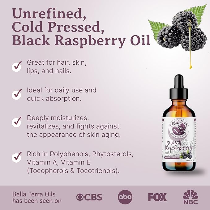 Bella Terra Oils - Black Raspberry Seed Oil 8oz - Embrace the Cosmetic Wonder of Raspberry Seed & Black Seed Oil Fusion, Replete with Tocopherols & Tocotrienols
