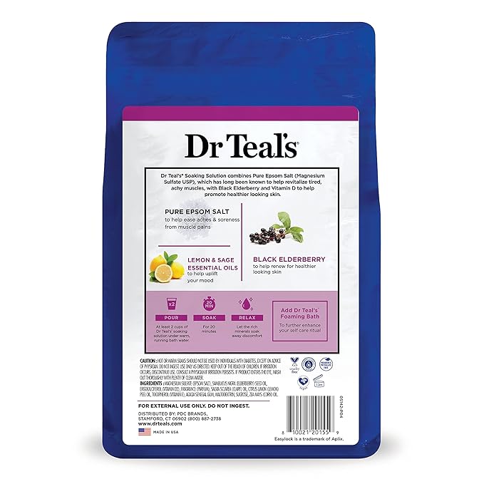 Dr Teal's Pure Epsom Salt Soak, Black Elderberry with Vitamin D, 3 lbs (Pack of 4)