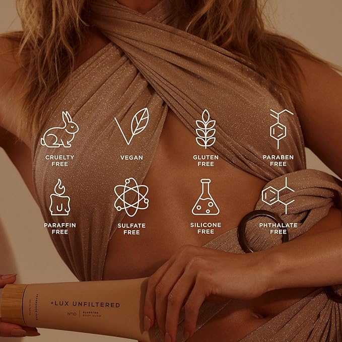 '+ Lux Unfiltered N°10 Blurring Body Glow Lotion - Instant Body Shimmer Lotion that Blurs Imperfections and Hydrates with Shea Butter, Squalane & Vitamin C - Vegan, Cruelty Free, Fragrance Free