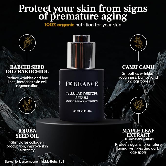 PUREANCE Organic Retinol Bakuchiol Serum for Face with Jojoba Oil, Sea Buckthorn, Bakuchiol oil I Anti Aging Collagen Booster Serum, Reduces Fine Lines & Wrinkles I 1 Fl Oz