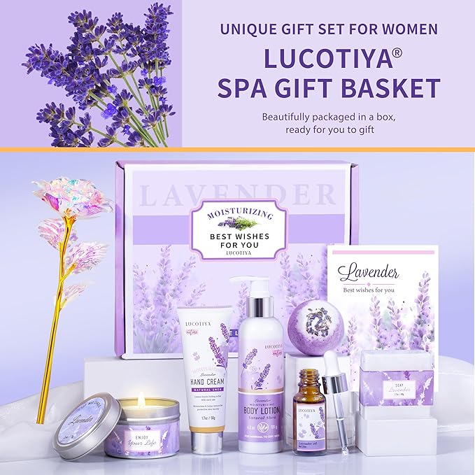 LUCOTIYA Lavender Spa Gift Set for Her,Hand Cream,Lavender Essential Oil,Body Butter ,Lavender Scented Candle,Bath Bombs,Soap
