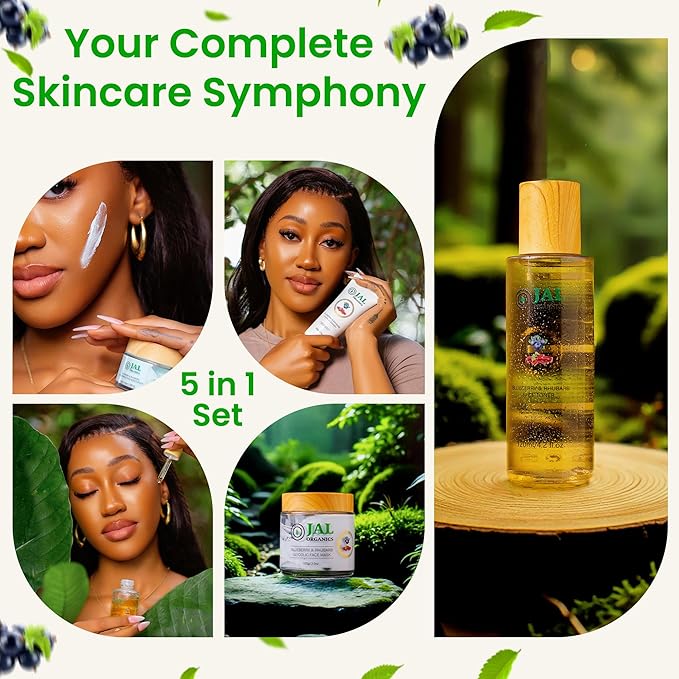5 in 1 Blueberry & Rhubarb Korean Skin Care Set, Face Moisturizer, Glycolic Clay Face Mask, Serum, Cleanser & Toner for All Skin Types, Anti Aging Skin Care Sets & Kits, Facial Routine Kit for Women