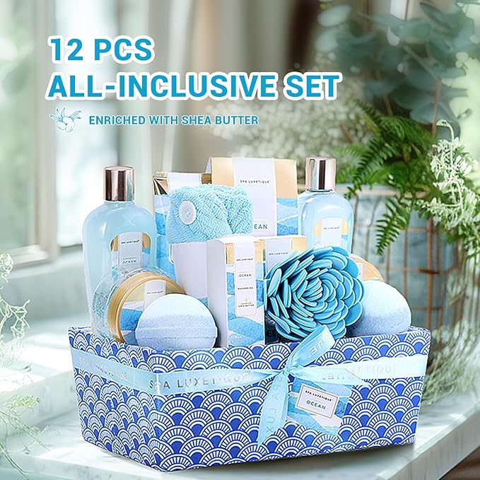 Spa Gift Basket for Women, Spa Luxetique Bath Gift Set - 12 Pcs Ocean Scented Home Bath Kit, Includes Bath Bombs, Body Scrub, Bubble Bath, Body Lotion & More, Spa Set for Women Gift