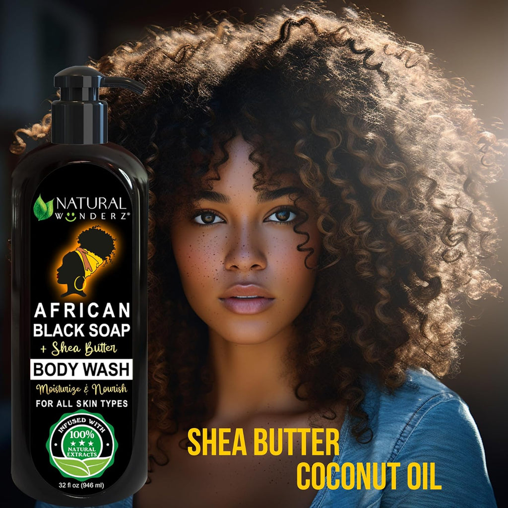 Body Wash with African Black Soap and Shea Butter, 32 Fl Oz Shower Gel, Promotes Acne Treatment, Contains All Natural Extracts, Vegan, and Sulfate-Free Body Scrub