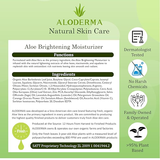 Aloderma Brightening Face Moisturizer with 75% Organic Aloe Vera - Natural Aloe Facial Lotion to Nourish & Restore Radiance for Tired, Dull Skin, Revitalizing Lotion with Niacinamide, Squalane, 3.5oz