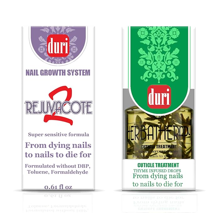 duri Rejuvacote 2 Nail Growth System Base and Top Coat, Herbatherapy Cuticle Treatment Drops - Damaged Cuticles Repair, Growth, Healthier, Stronger Nails, Strengthener (Combo Pack)