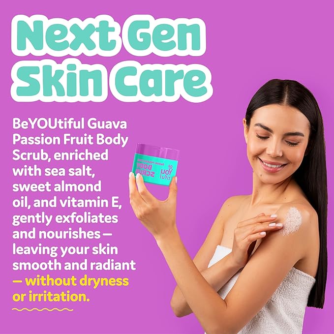 BeYOUtiful Guava Passion Fruit Body Scrub Exfoliator for Kids & Teens, Gentle Sugar Exfoliating Scrub, Cruelty-Free, Shea & Sweet Almond Oil, 16 oz