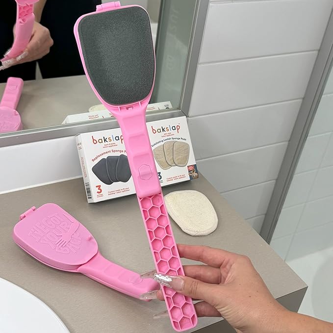 Bakslap - Body Lotion Applicator - Replaceable Sponge Pads (2 Pack) - Extendable Long Handle for Self Back & Body Application (Skin Cream, Suntan, Beauty, Tanning, Medical) (Pink)