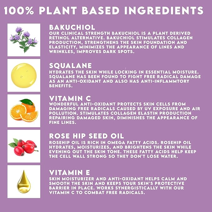 Bakuchiol Facial Serum Oil 1.7 oz - Retinol Alternative - Clinical Strength Bakuchiol - All Natural Plant Derived Clean Beauty Ingredients - Bakuchiol, Squalane, Vitamin C, Rose Hip Oil, Vitamin E -