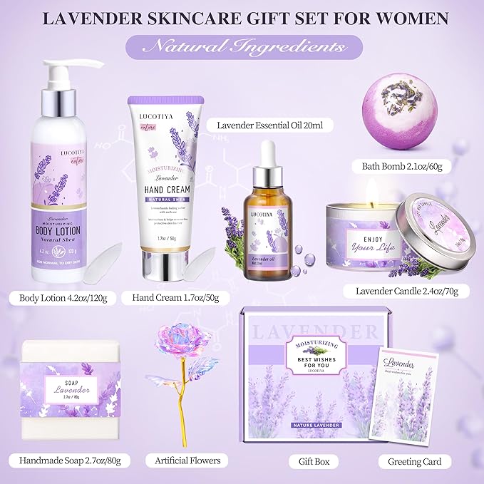 LUCOTIYA Lavender Spa Gift Set for Her,Hand Cream,Lavender Essential Oil,Body Butter ,Lavender Scented Candle,Bath Bombs,Soap