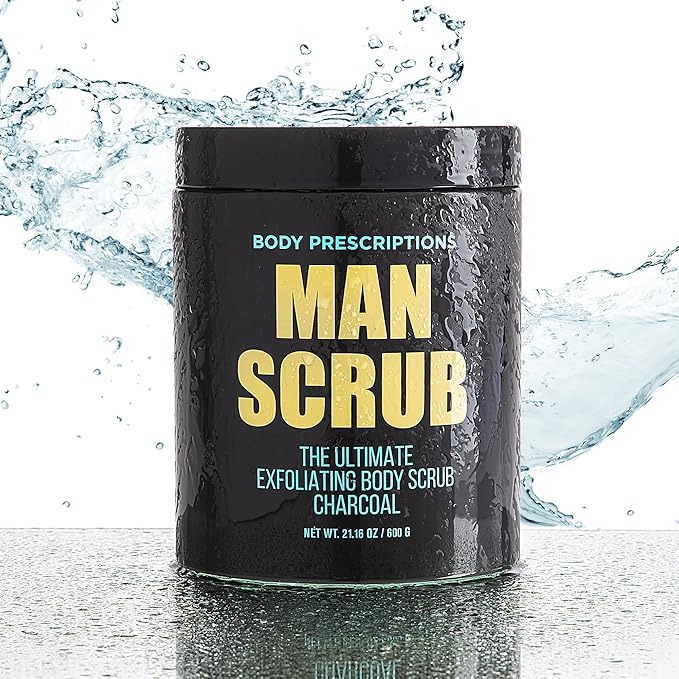 Body Prescriptions Men’s Exfoliating Body Scrub – Ultimate Skin Cleansing Wash in Jar with Twist-Top Lid, For All Skin Types, 21 Ounce (Pack of 1), Charcoal