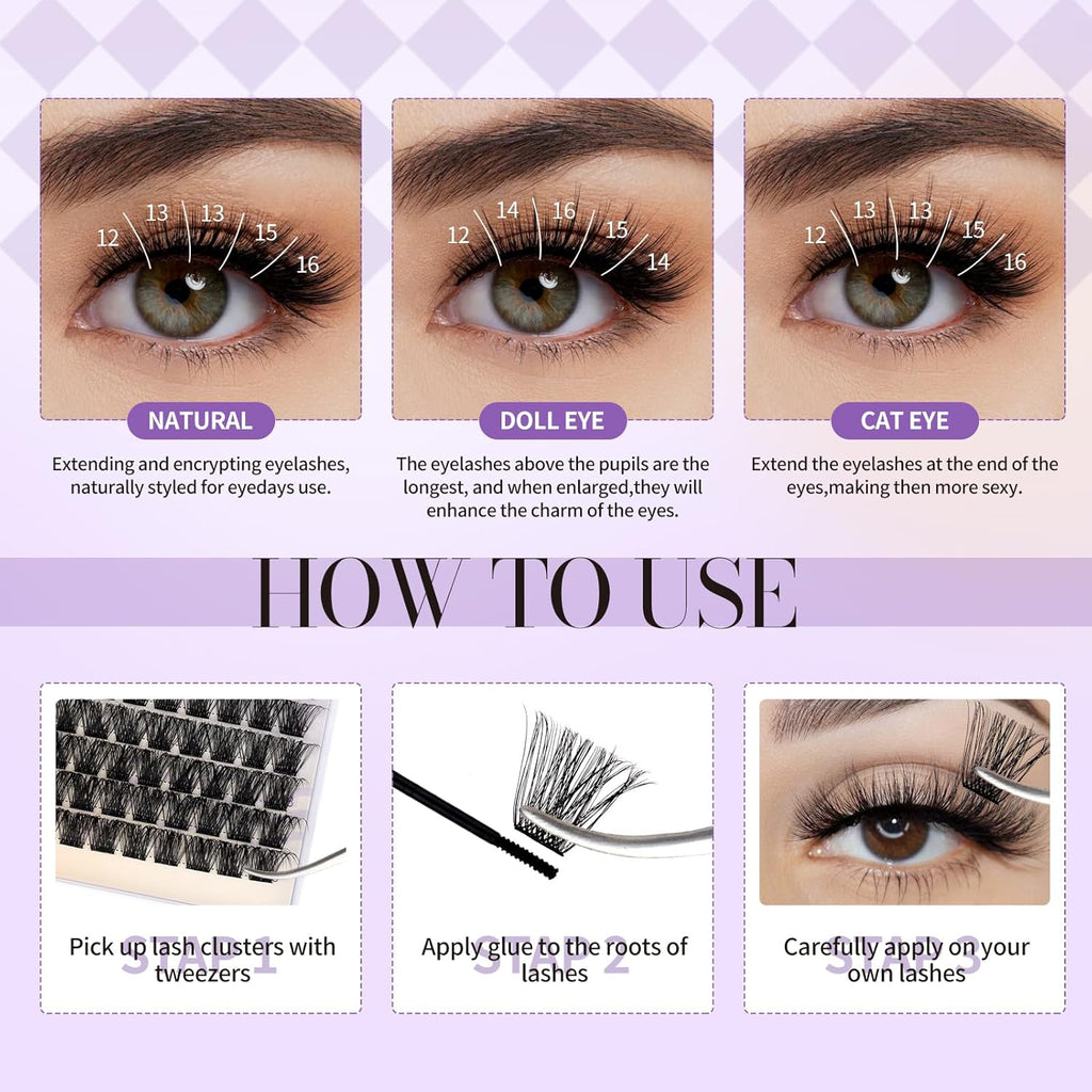 Lash Clusters Wispy Individual Lashes Fluffy Thick Volume Eyelash Clusters DIY False Eyelashes D Curl Cluster Eyelash Extensions Comfortable Lash Extension for Beginners by WENDY LASHES(C3/C9-D-1216)