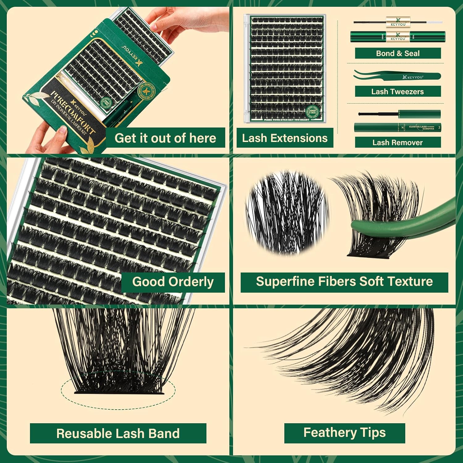 KEYYOU Lash Clusters Kit 182pcs Thick Volume Lash clusters 200D D Curl Wispy Easy to Apply with Lash Bond and Seal Lash Applicator Lash Remover Lash Extension Kit at Home(RMkit-200D-D-10-18mix)