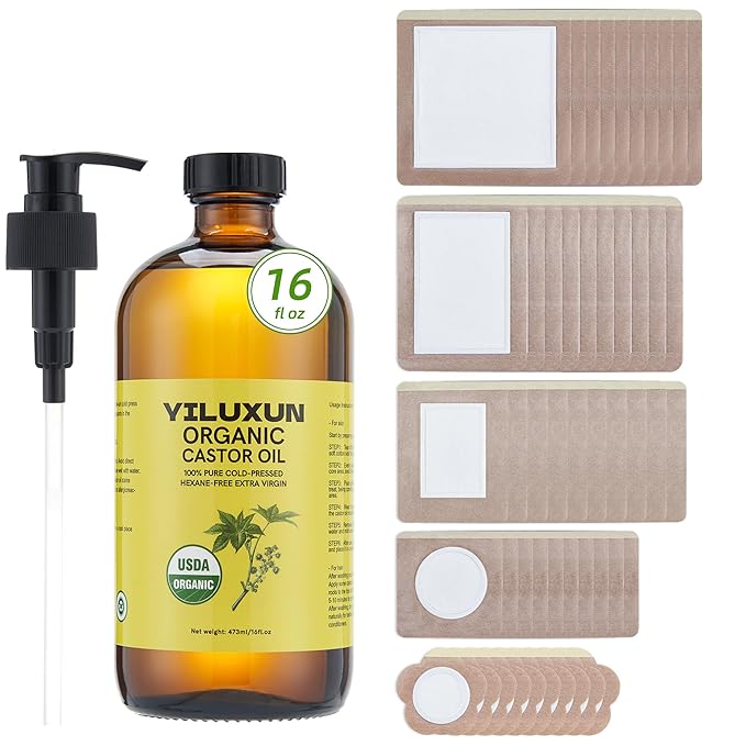 50Pcs Castor Oil Pack Wrap with 16oz castor oil Organic Cold Pressed Unrefined Glass Bottle,Disposable castor Oil Patches for Belly Button,Stomach,Knee,Feet,Entire Body