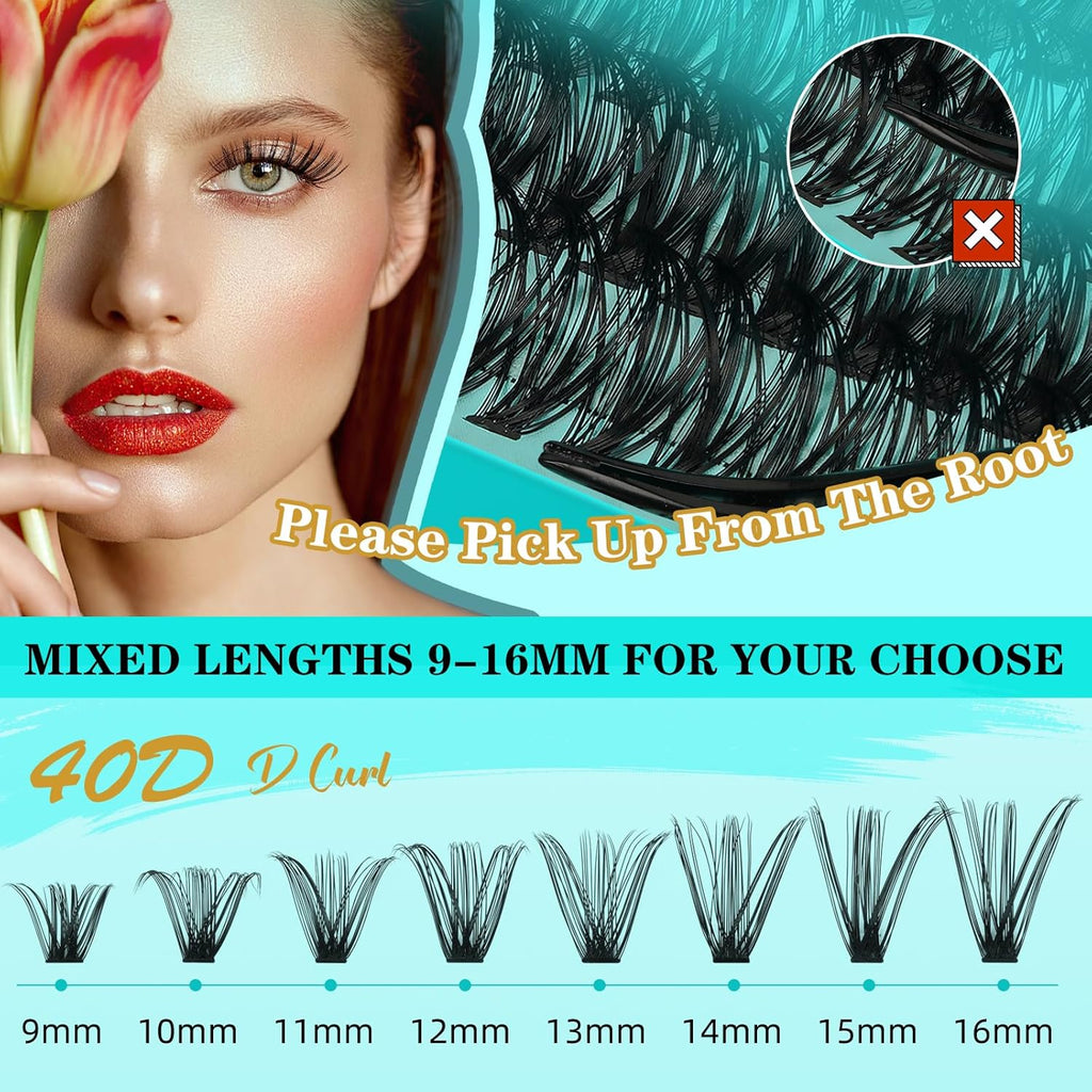 Lash Extension Kit 240Pcs 40D Individual Lashes Clusters Kit,Lash Bond And Seal for Eyelashes Extensions,Lash Applicator Tool For False Eyelash Cluster Kit(40D,D-Mix9-16mm)