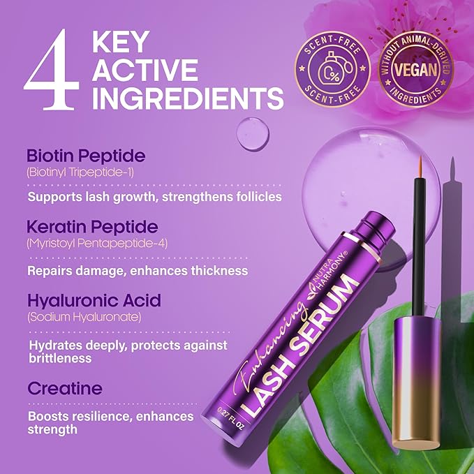 Enhancing Lash Serum for Eyelash Growth with Keratin and Biotin Peptides, Hyaluronic Acid, Creatine for Longer, Fuller, Thicker Lashes, Strength & Nourishment Treatment, Non-Irritating, Vegan, 8ml