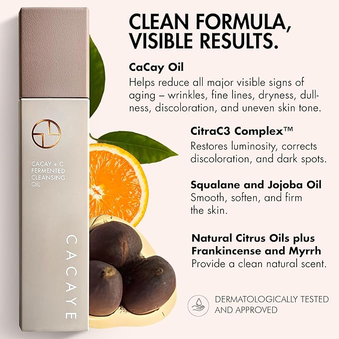 CACAYE 3-in-1 Makeup Cleansing Oil for Face, 2.5 ounces, with CaCay Oil and Vitamin C - Anti Aging Facial Oil Cleanser for Wrinkles and Fine Lines - Clean Makeup Remover for All Skin Types