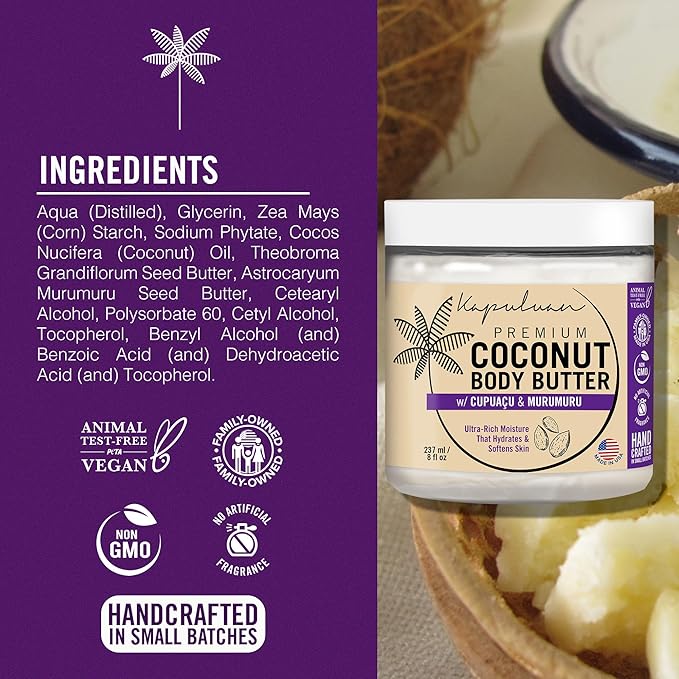 Coconut Body Butter for Women Dry Skin, Body Butter with Pure Coconut Oil, Cupuaçu & Murumuru, Whipped Body Butter for Women, Shea Body Butter Cream, Mantequilla Corporal (Watermelon & Freesia Scent)