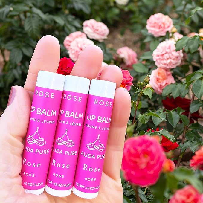 Rose Lip Balm Collection, Vegan Lip Balm Set, Beeswax Free, with Avocado Oil, Organic Jojoba Oil, and Vitamin E, Natural Moisturizer for Dry, Chapped Lips, 3 Tube Set