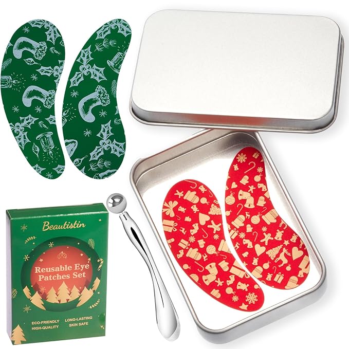 2 Pairs Reusable Under Eye Wrinkle Patches Silicone Mask, Plump Fine Lines & Wrinkles, with Metal Eye Cream Applicator, Tin Case, Red & Green