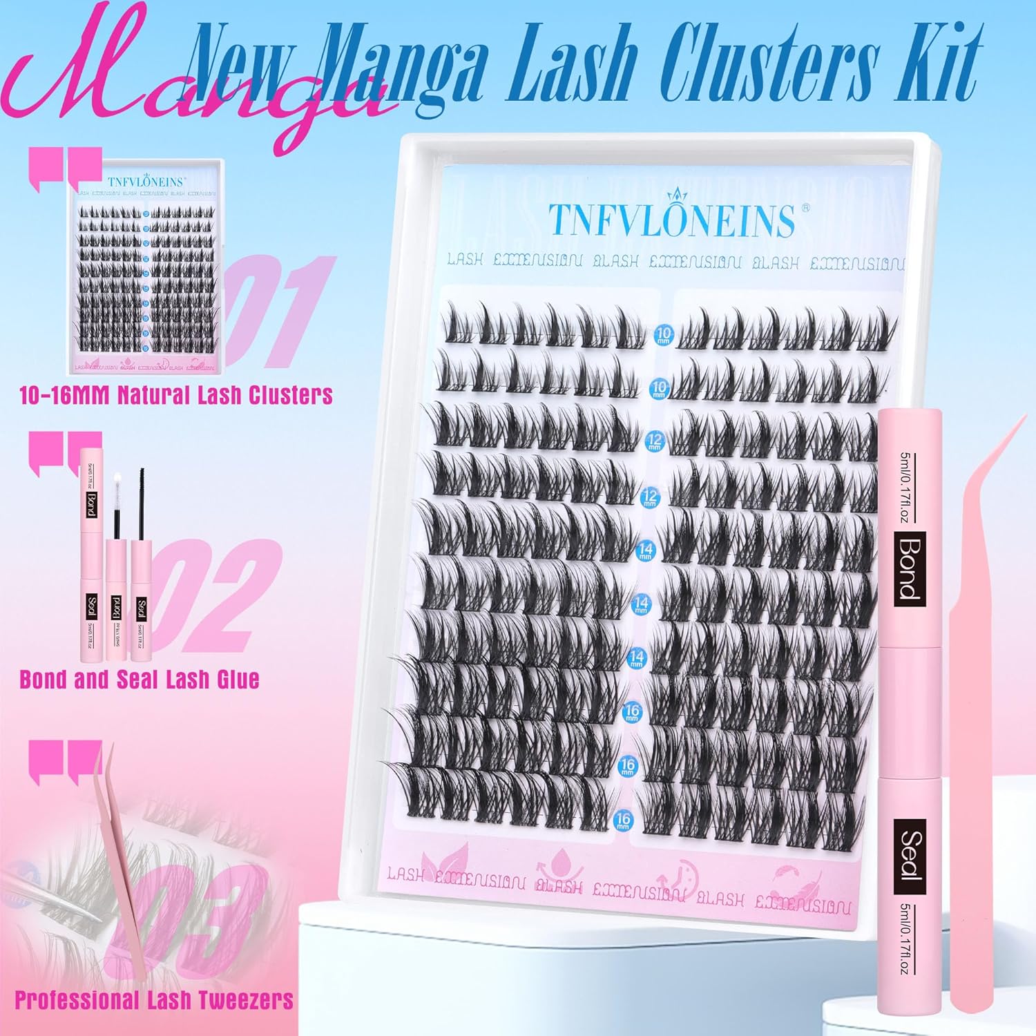 Manga Lash Clusters Kit Natural Lash Extension Kit Wispy Eyelash Extension Kit Soft Eyelash Clusters Anime Individual Lashes Kit Cluster Eyelash Extensions with Bond and Seal and Tweezers TNFVLONEINS