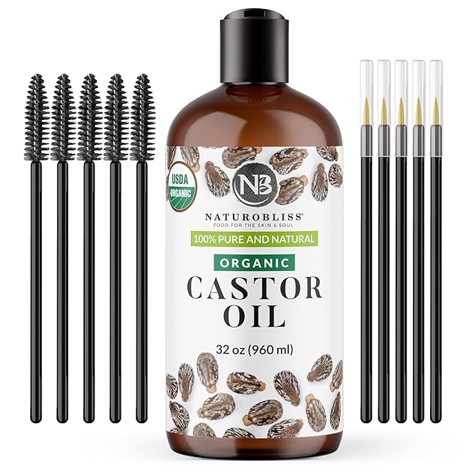 NaturoBliss Organic Castor Oil 100% Pure and Natural Premium Grade for Hair Growth, Eyelashes and Eyebrows - Carrier Oil - Hair and Body - Expeller-Pressed & Hexane-Free (32 Fl Oz)